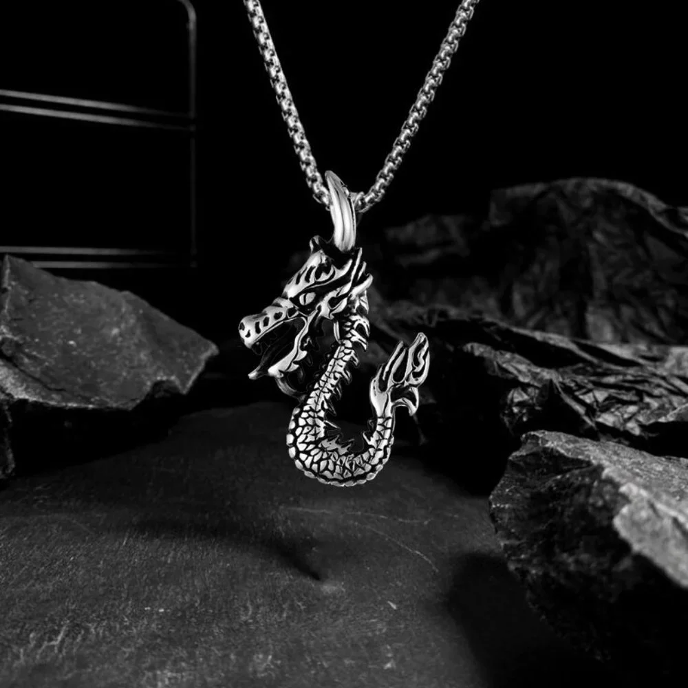 ❤️Rock Vintage dragon zodiac punk pendant necklace for women/men, N90201P189